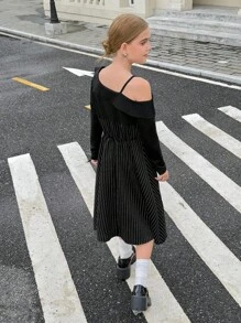 Girls' Spaghetti Strap Layered Ruffle Splice Long Stripe Dress, Fashion Commuting - Grey - View 4
