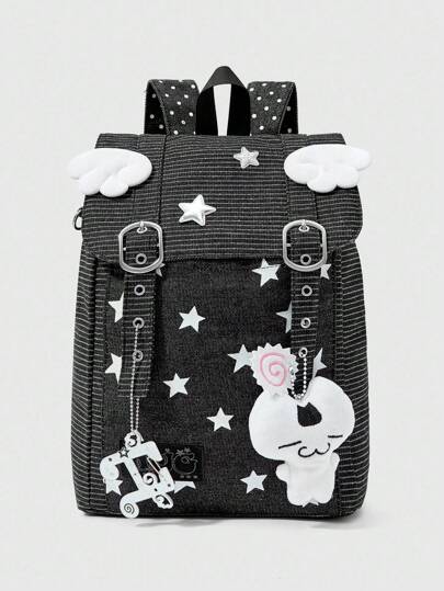 Anime Punk Collegiate Style Random Print Stars, Wings, Music Notes, Patchwork Stripe Backpack, Casual Unisex Large Capacity Bag Suitable For Commuting, School