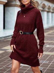 EURMUSE Women's Solid Color Turtleneck Knit Sweater Dress, Casual Autumn/Winter,Petite - Burgundy - View 3