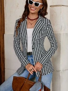 SHEIN Clasi Women's Houndstooth Check Waist Slimming Blazer Jacket