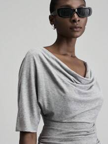 Ontre 2025新款秋季女士垂褶领七分袖上衣，优雅款式，材质舒适，针织面料，女士商务休闲T恤，办公室通勤基础款衬衫 - 灰色 - 查看 6