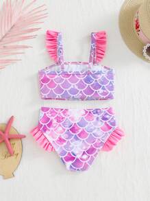 SHEIN Young Girl 2pcs Ruffled Swimsuit Top And Swimshorts Set , Beach - Multicolor - View 5