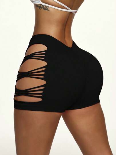 Slayform 女式纯黑色弹力运动短裤，侧边镂空裹身设计，女式黑色氨纶短裤，黑色提臀短裤，女式镂空短裤