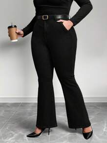 Elenzga Plus High Waist Slant Pocket Raw Hem Flare Leg Jeans Elegant Outfit - Black - View 1