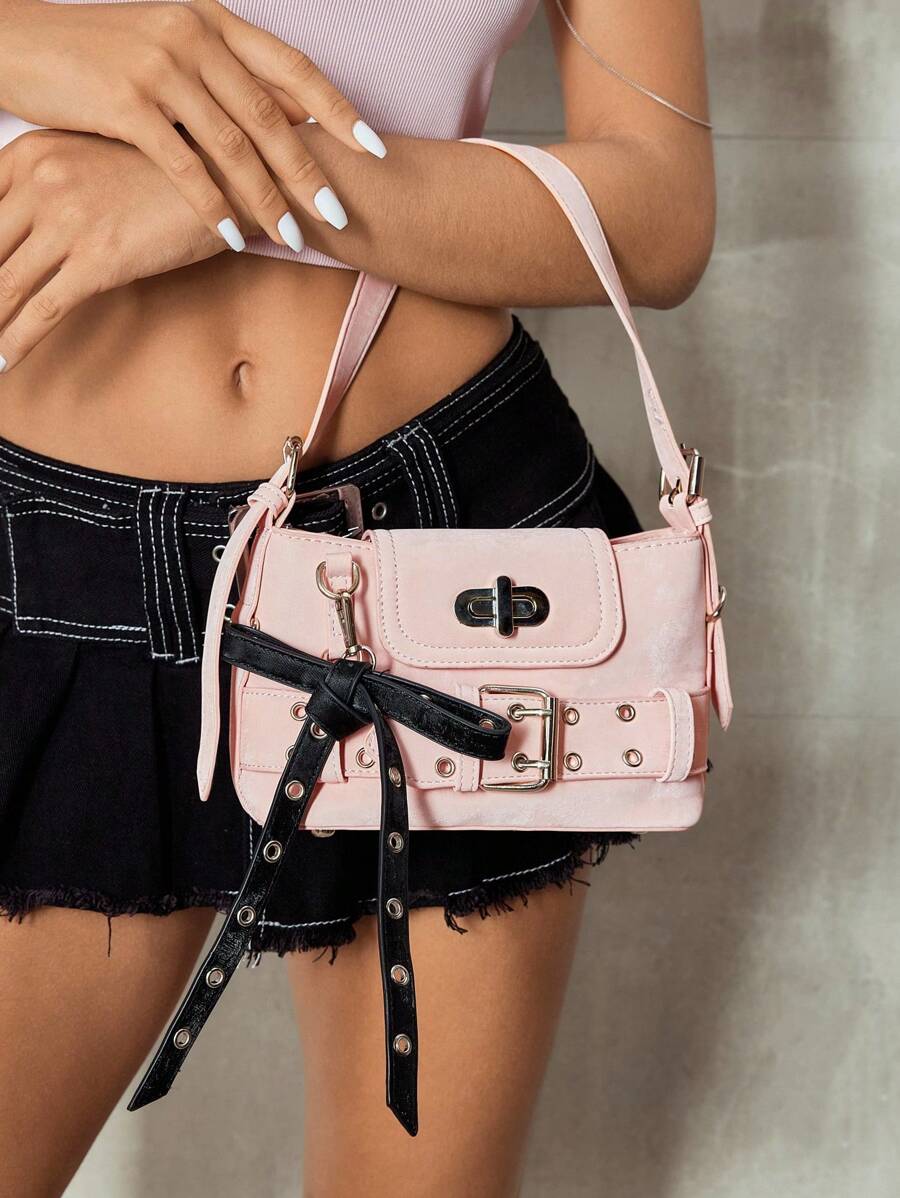SHEIN ICON Quý cô, Túi đeo vai nữ, Túi Hobo, Túi đeo chéo, Túi xách quai trên, Thời trang, Cá nhân hóa, Đơn giản, Đa năng, Đường phố, Những cô gái ngọt ngào và sành điệu, Những cô gái nóng bỏng, Y2k, Cổ điển, Đinh tán, Cổ điển, Phong cách Biker, Nơ đen, Hồng, Thanh thiếu niên, Phong cách Preppy, Trường học, Cao đẳng, Hàng ngày - Hồng - Xem 1