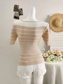EMERY ROSE Women's Striped Round Neck Short Sleeve Casual Versatile Knit Top - Khaki - View 2