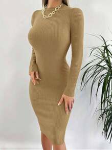 SHEIN Cottnline 女款圓領長袖紋理毛衣連身裙 - 駝色 - 查看 5