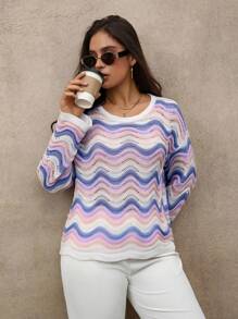 Juhart Plus Size Women Casual Wave Pattern Drop Shoulder Loose Hollow Out Knit Sweater, Autumn Knit Pullover Fall Winter - Purple - View 3