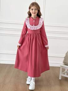 SHEIN Tween Girls Casual Everyday Striped Ruffle Hem Long Sleeve Dress Fall Winter - Pink - View 4