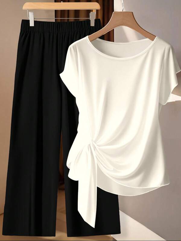 EMERY ROSE Plus Size Women's Summer Solid Light Bat Sleeve Knot Side Top And Pants Two Pieces Set,Business Casual Woman Suitable For Going Out,Teacher Outfits For Women