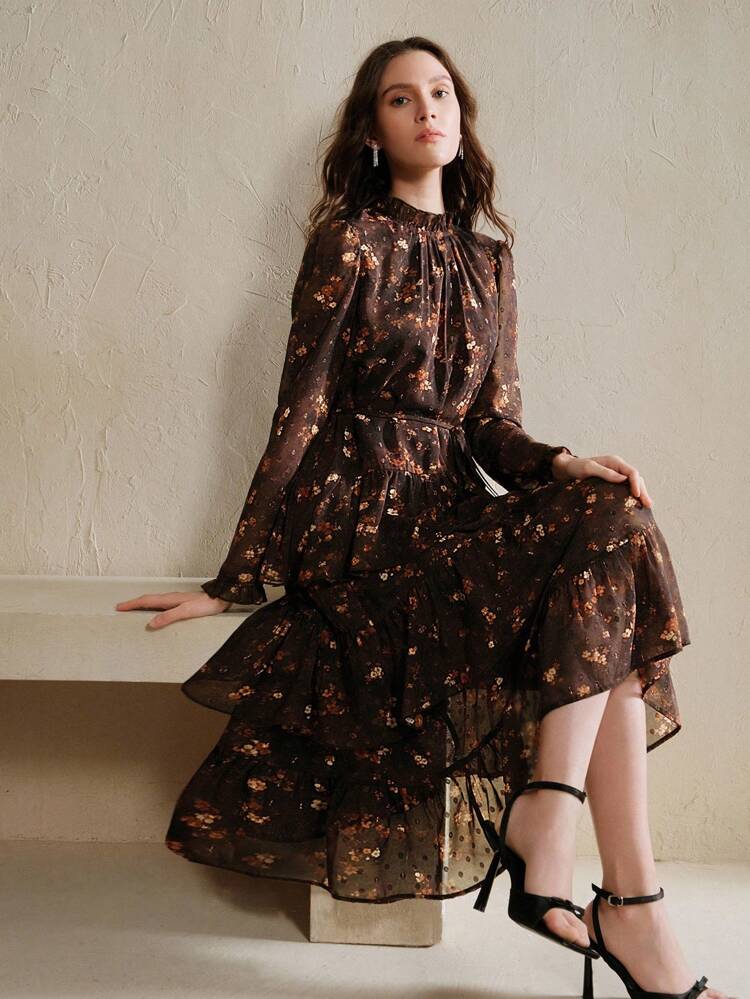 Plus Size Women's Ditsy Floral Round Neck Ruffle Trimmed Long Sleeve Maxi Dress, Spring/Summer