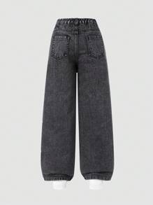 Tween Girls' Embroidered Denim Black Straight Leg Jeans, Sweet Casual Personalized Comfortable, Recommended College Style! Accented With Pink Bow Embroidery On Both Sides Of Pant Legs, High-Waist Design With Elastic Waistband + Fake Chain Decoration, Perfect Fit To , Straight Leg Cut, Elongates Proportions. Suitable For Daily Outings, Campus Casual, Weekend Travel, Back To School Season, Beach Vacation Stroll, Fashionable And Versatile!