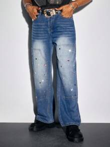 ROMWE MEN Street Life Men's Rhinestone Decorated Pocket Casual Fashion Wide-Leg Jeans - Blue - View 6
