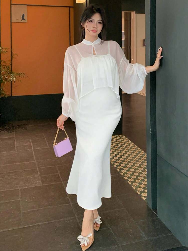 2pcs/Set Women Casual Semi-Sheer Long Sleeve Blouse And Spaghetti Strap Slip Dress Set