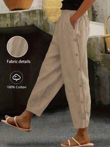EMERY ROSE Women Solid Color Casual Daily Button Side Straight Pants