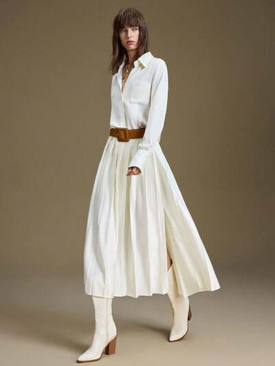 2025 New Women's Clothing, Autumn/Winter Apparel, All Season Wear, Winter Outfits, Back To School Looks For Women, Halloween & Christmas, Women's Teacher Attire, Outgoing Outfits, Night Out Dresses, Wedding Guest Dresses, Elegant Wedding Guest Outfits, Church Attire For Women, Business Casual, Women's Business Casual Wear, Versatile Basics, Fashionable Commuter Solid Color Shirt, Side Slit Pleated Skirt Two Pieces Set