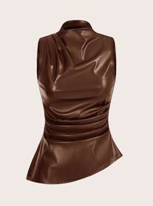 Siren Gaze 女士休闲时尚90年代街拍春秋季纯色褶皱领PU背心无袖上衣外出上衣秋季女上衣