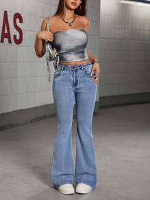 Quần Jeans Skinny Co Giãn Màu Xanh Lam Sáng Màu Mùa Hè & Thu Cho Nữ Tuổi Teen Phong Cách Đường Phố Y2K Thời Trang Đô Thị Mát Mẻ Đa Năng Có Túi Sau, Chi Tiết Thêu Và Ống Loe Co Giãn Có Thể Điều Chỉnh - Rửa nhẹ - Xem 6