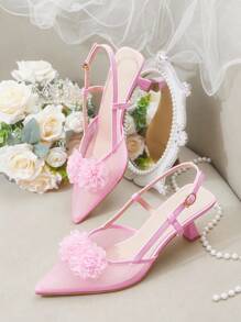 CUCCOO HITCHD 女士尖头网眼丝绸花卉时尚优雅可爱淑女可调节一脚蹬细高跟鞋，适合日常通勤、派对、活动