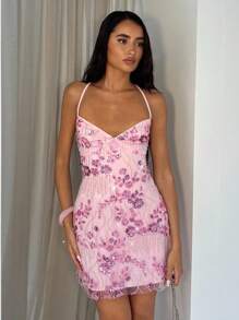 Glamine Nuevo vestido mini ajustado con espalda descubierta, cordones y aplicaciones de flores 3D y lentejuelas para mujer. Vestido de lentejuelas bordado rosa intenso elegante para mujer. Vestido elegante para mujer, vestido para cita, atuendo de fiesta, vestido de fiesta sexy, vestido corto de cóctel, ropa urbana, atuendo de vacaciones en la playa para mujer, Halloween, regreso a clases - Rosa Pálido - Ver 6