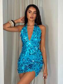 Glamine 性感迷人的深V领露背吊带修身亮片拼接连衣裙，派对装扮，度假装扮，鸭蓝色亮片连衣裙，鸡尾酒会短款连衣裙，约会之夜连衣裙，毕业典礼连衣裙，性感派对连衣裙，女士派对、万圣节、圣诞节连衣裙 - 水鴨藍 - 查看 4