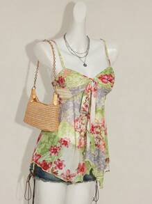 SHEIN ICON Women's Green Flower Print Camisole Mesh Tank Top, Casual For Vacation,Halter Top - Multicolor - View 5