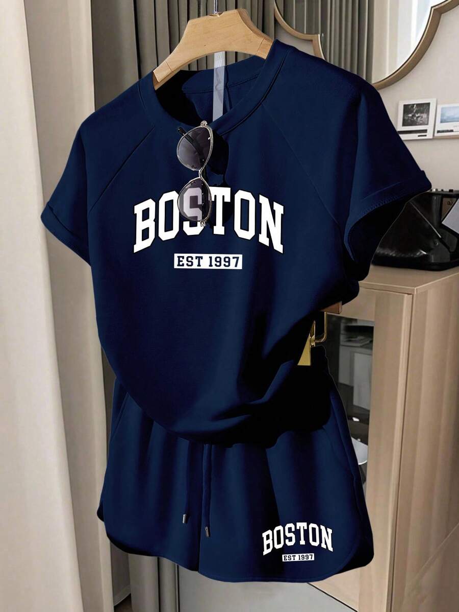 INAWLY 女式休闲插肩袖T恤和短裤套装，夏季 - 藏蓝色 - 查看 1