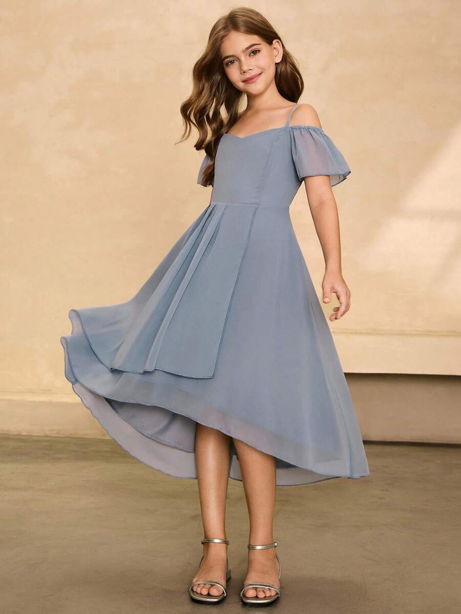 Mädchen elegantes minimalistisches Off-Shoulder Kurzarm Midi Kleid mit hoher Taille und asymmetrischem Saum aus Chiffon, geeignet für Abschluss, Abendveranstaltungen - Graublau - Übersicht 1
