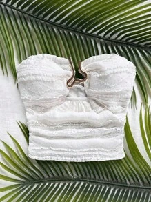 Soleia 女士度假白色针织纹理无袖露脐上衣，镂空心形金属扣装饰，修身剪裁 - 适合派对、约会、下午茶、海滩/度假村、音乐节、嘉年华等场合。白色无肩带上衣，派对装。 - 米色 - 查看 6