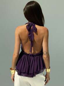 Aloruh Camiseta de escote halter y espalda descubierta de unicolor sexy para mujer, de verano - Morado - Ver 2