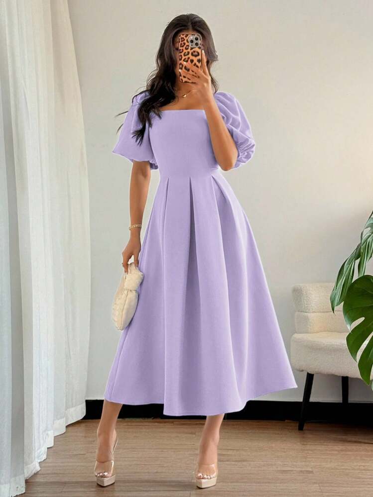 Elenzga Women's Elegant Simple Commuting Business Casual Vacation Afternoon Tea Party Solid Color Square Neck Ruffle Hem Puff Sleeve Short Sleeve Dress, Spring/Summer - Mauve Purple - View 4