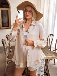 SHEIN 2 piezas Conjunto de blusa larga con mangas con volantes y shorts para maternidad - Albaricoque - Ver 4