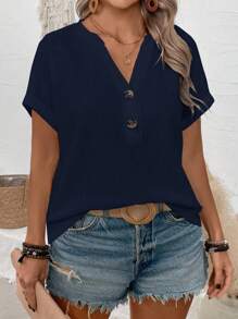 SHEIN Plus Size Solid Color Notch Neck Button Casual Short Sleeve T-Shirt - Navy Blue - View 1
