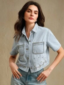 Anewsta 大量装饰手工缝制水钻浅蓝色牛仔上衣