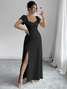 xheRafferiza Vestido largo elegante y delgado de unicolor con espalda descubierta, lazo y mangas de loto con abertura alta, para vacaciones y citas en primavera/veranoxhe - Negro - Ver 3