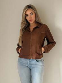 SHEIN ICON Loose Casual Rivet Decor Women Jacket In Fall/Winter - Brown - View 3
