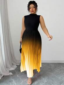 Elenzga Váy midi in hoa ombre cổ lọ không tay cỡ lớn - Màu vàng - Xem 6