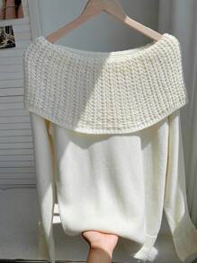 Comfortcana Women's Elegant Off-White Off Shoulder Casual Sweater,Autumn Y2k Vintage Solid Color Tops,School Back-To-School Teacher Streetwear,Fall - Apricot - View 5