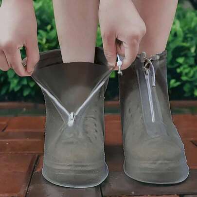 SHEIN 1 Pair White Transparent Plastic Drawstring Waterproof Rain Shoe Covers, Various Sizes, Non-Slip, Waterproof And Dustproof Reusable Shoe Covers, Outdoor Accessories, Suitable For School, Office, Home, Travel, Shoe Storage