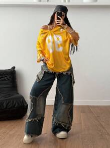 Coolane 女士春夏节日外出街头服饰复古透气网眼数字图案棒球服红色球衣