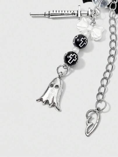 Goth Cordón para el teléfono con murciélago y fantasma, accesorio de collar con cadena de estilo gótico, syringe y alas punk Y2K