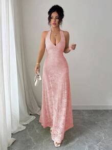 Rafferiza 优雅无袖修身深 V 领全衬蕾丝面料长裙，浅黄色，女式春夏装 - 粉色 - 查看 4