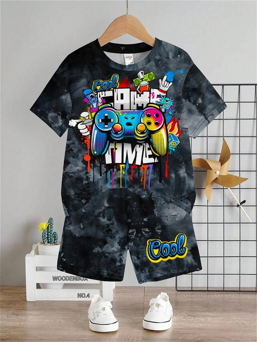 SHEIN 2 件装青少年男孩休闲简约电子游戏图案短袖圆领服装,适合夏季 - 彩色 - 查看 1