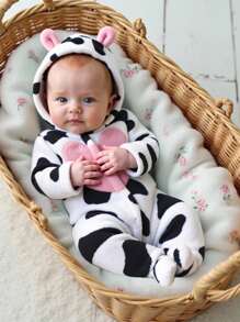 新生儿拼布爱心动物耳朵奶牛印花长袖连帽连体衣睡衣 - 白色 - 查看 3