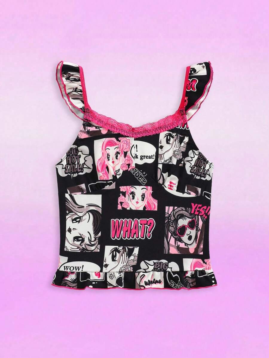 Teen Girl Cartoon Letter Print Lace Ruffle Armhole Undershirt Top - Black - View 1