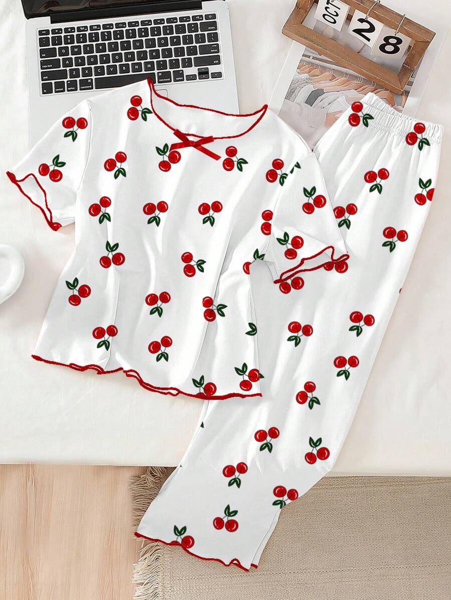 Genkimix Kids Tween Girls Pajamas Set, Includes White Crew Neck T-Shirt With Sweet Cherry Print And Loose Cherry Allover Print Pants With Ruffle Hem, Summer Casual Sleepwear Cherry Pajama Set, Back To School Fashion - White - View 1