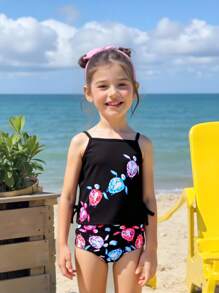 2pcs/Set Girls Turtle Print Swimsuit, Includes Turtle Print Tankini Top And Turtle Print Swimshorts, Suitable For Beach Vacation