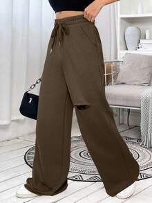 SHEIN EZwear 女士休闲棕色破洞抽绳腰部宽松阔腿运动裤 - 棕色 - 查看 3