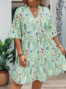EMERY ROSE Plus Size Women's Summer Branch Floral V-Neck Ruffle Hem Loose Dress - Green - View 1
