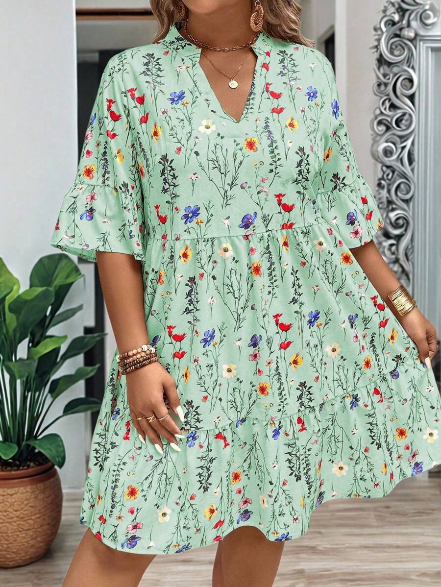 EMERY ROSE Plus Size Women's Summer Branch Floral V-Neck Ruffle Hem Loose Dress - Green - View 1